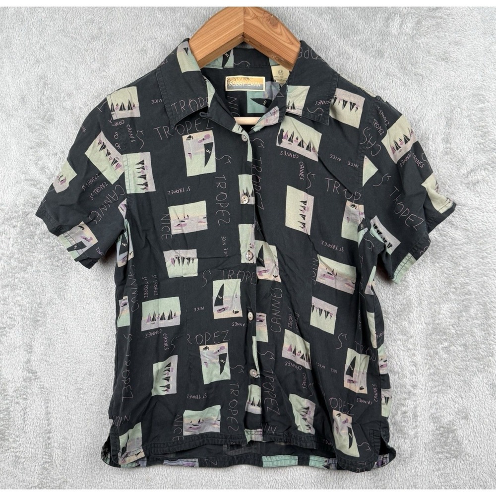 Bobby Chan Shirt Mens M St. Tropez Black Graphic S/S‎ Button Up 100% Silk Travel